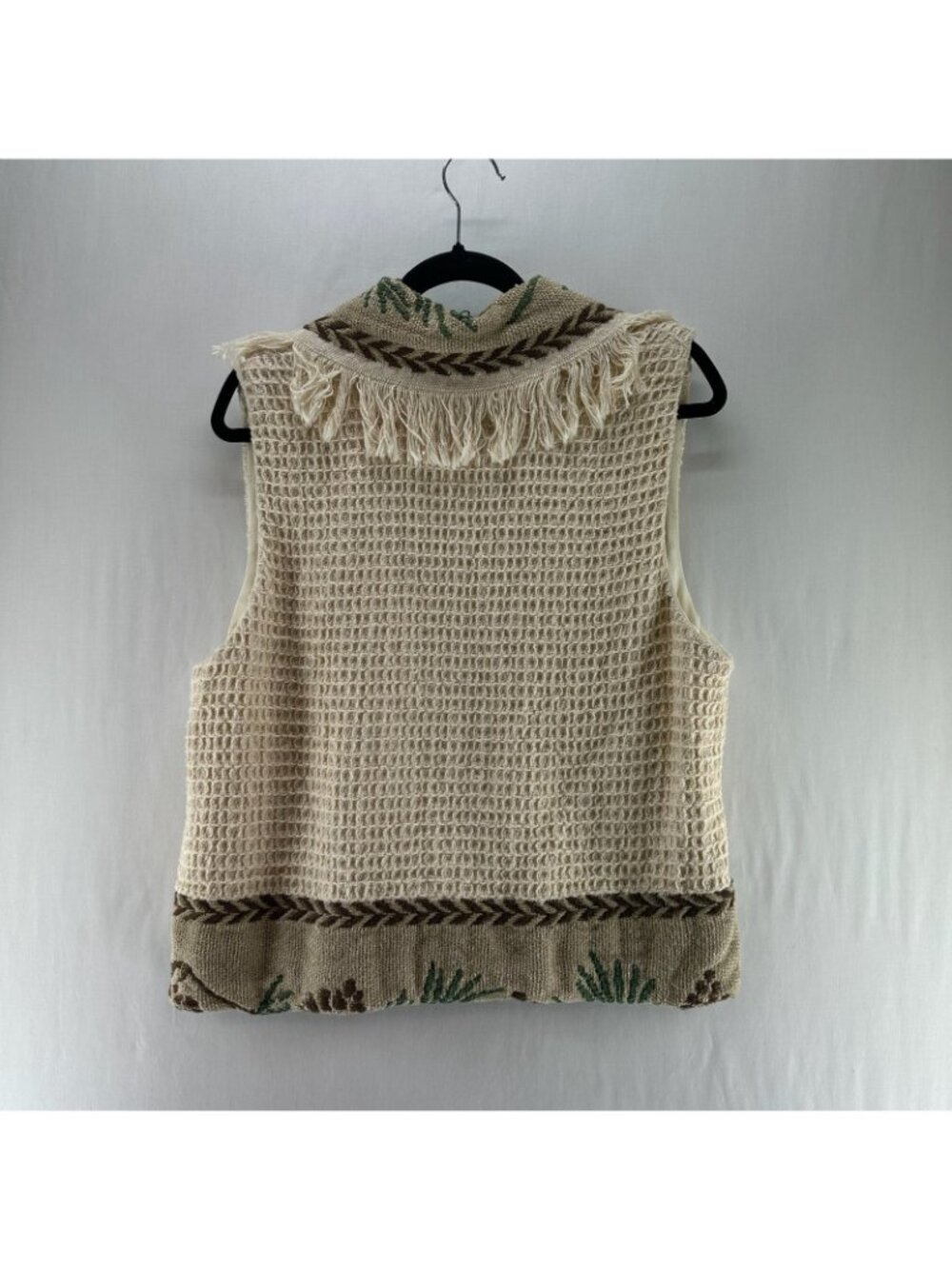 Vintage Jans Jems Tapestry Fringe Shawl Vest Size M/L Woven Lined Pinecone Cream - Picture 2 of 11